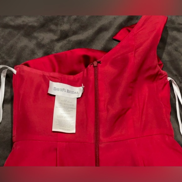 David's Bridal Red Bow Cocktail One-Shoulder Dress Bridesmaid Wedding Party - Picture 12 of 14